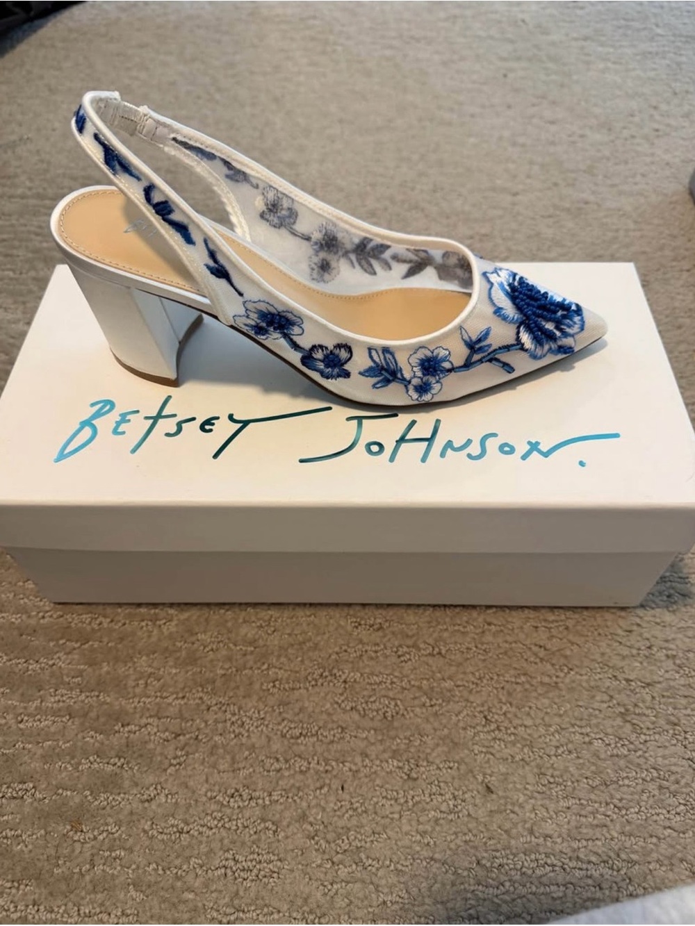Betsey Johnson White Slingback Heels with Blue Floral Embroidery